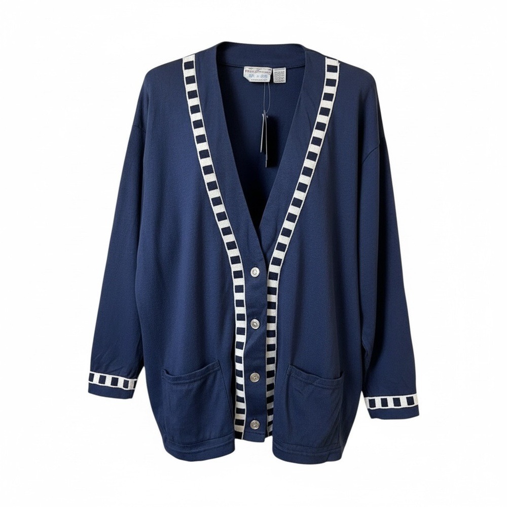 Maggie Lawrence Sport 22‎ 24W Cardigan Blue White Trim Deep V Neck Navy Blue